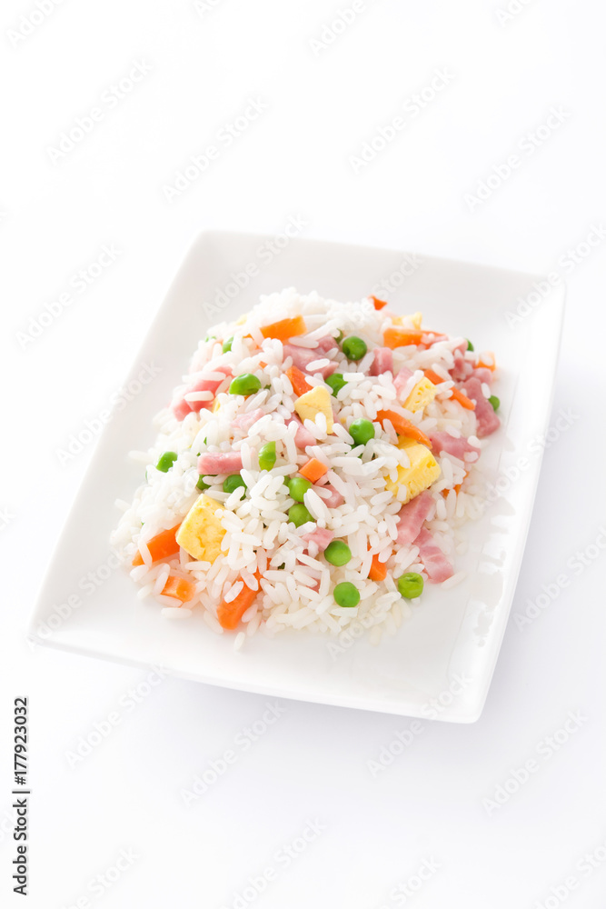 Chinese fried rice with vegetables and omelette isolated on white background
Chinese fried rice with vegetables and omelette isolated on white background