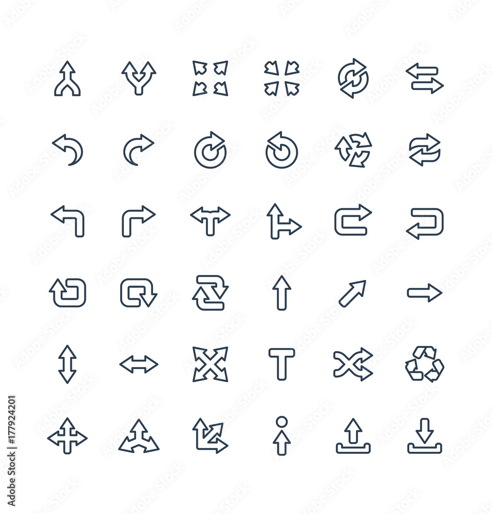 Vector thin line icons set and graphic design elements. Illustration with arrows, direction and move outline flat symbols. Turn left, merge, switch, undo, transfer, synchronizing linear pictogram Vector thin line icons set and graphic design elements. Illustration with arrows, direction and move outline flat symbols. Turn left, merge, switch, undo, transfer, synchronizing linear pictogram
