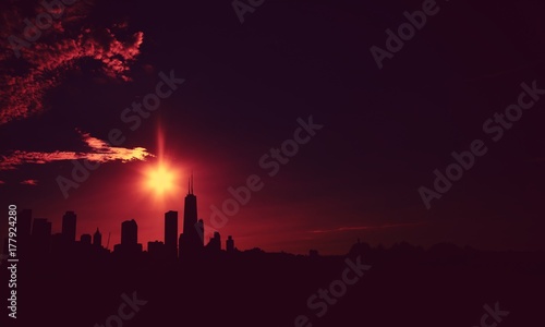 Chicago skyline at sunset, US.