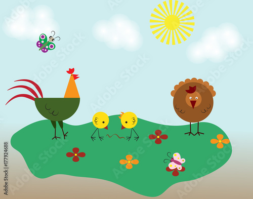 Poultry farming. Chicken family isolated on white. Flat design.