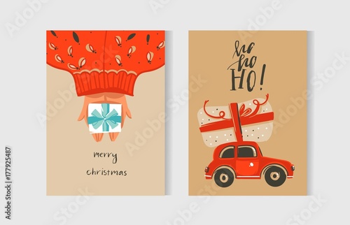 Hand drawn vector abstract fun Merry Christmas time cartoon cards collection set with cute illustrations and surprise gift boxes isolated on kraft paper background.