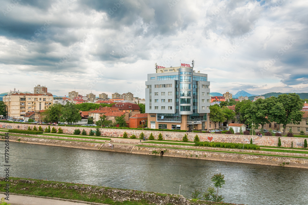 Nis, Serbia May 17, 2017:  Panoramic view near city center showing float and river banks of Nisava