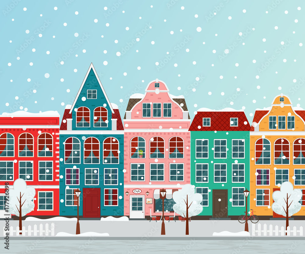 Vector illustration of european winter town. Flat design. Old houses.