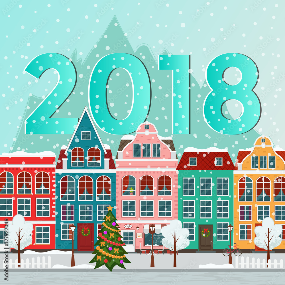 Vector illustration of european winter christmas town. Flat design. Old houses.