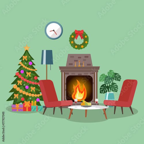 Christmas room interior. Christmas tree in the cozy living room.
