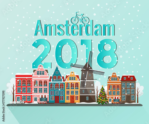 Vector illustration of winter Amsterdam. Old european city.