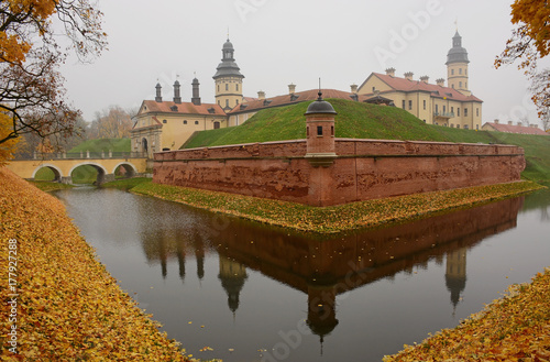 The Palace and castle complex in Nesvizh, Belarus. Nesvizh castle. Castle of Radzivil. Nesvizhsky castle in the autumn