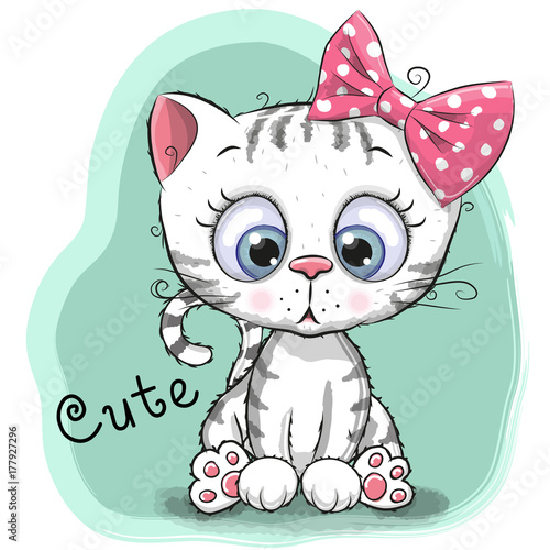 Cute Drawing kitten girl on a blue background