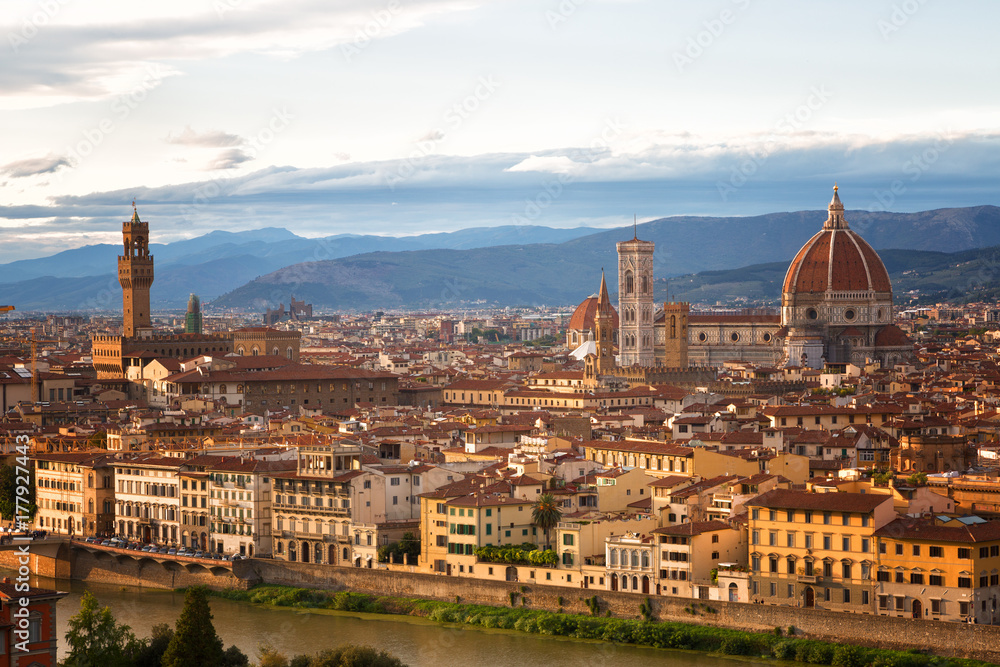 Florence, river embankment of Arno and Cathedral of Santa Maria del Fiore