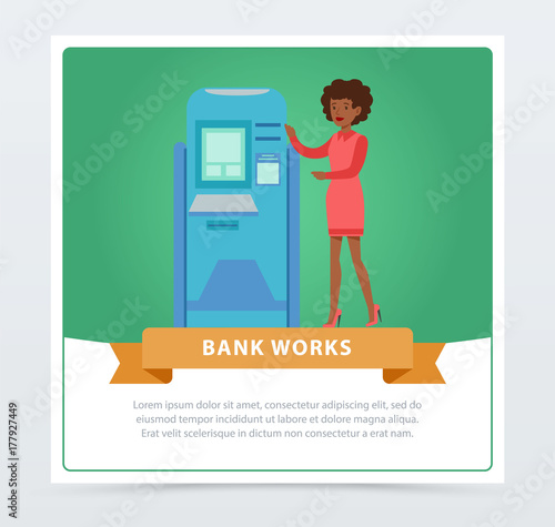 Consultant manager woman standing next to ATM, bank works banner for advertising brochure, promotional leaflet poster, presentation flat vector element for website or mobile app