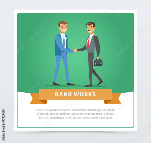 Businessmen in formalwear handshaking, bank works banner for advertising brochure, promotional leaflet poster, presentation flat vector element for website or mobile app