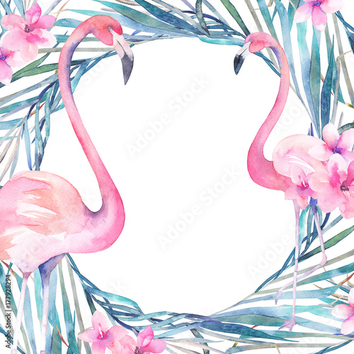 Watercolor frame with tropical jungle leaves and pink flamingo.Hand drawn alo...