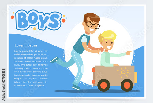 One boy pushing to another while he is sitting in a toy car, boys banner for advertising brochure, promotional leaflet poster, presentation flat vector element for website or mobile app