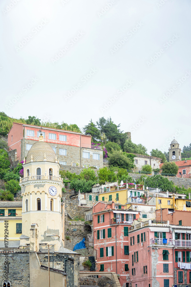 The belltower of the church of Santa Margherita. Vernazza, Cinque Terre, Italy.