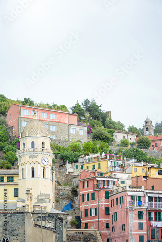 The belltower of the church of Santa Margherita. Vernazza, Cinque Terre, Italy. © frimufilms