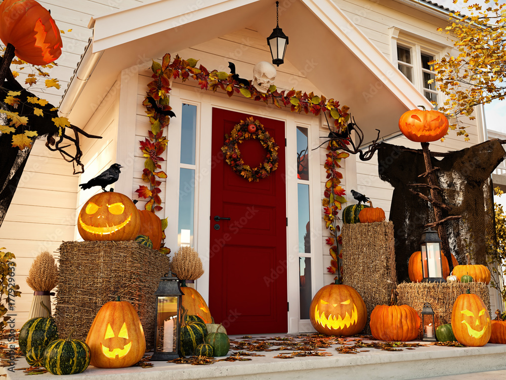 Fototapeta premium halloween decorated house with pumpkins. 3d rendering