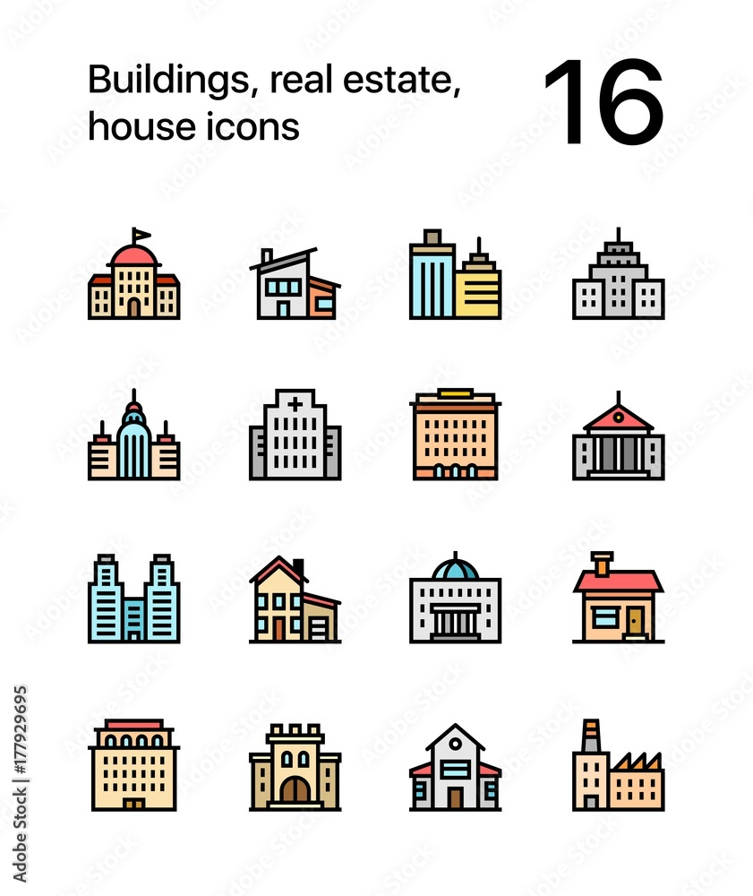Colored Buildings, real estate, house icons for web and mobile design pack 2
