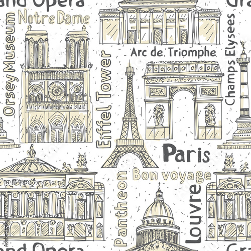 paris landmarks seamless vector pattern. hand drawn background