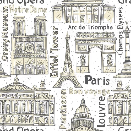 Tapety Paryż zabytki bezszwowe wektor wzór. ręcznie rysowane tła