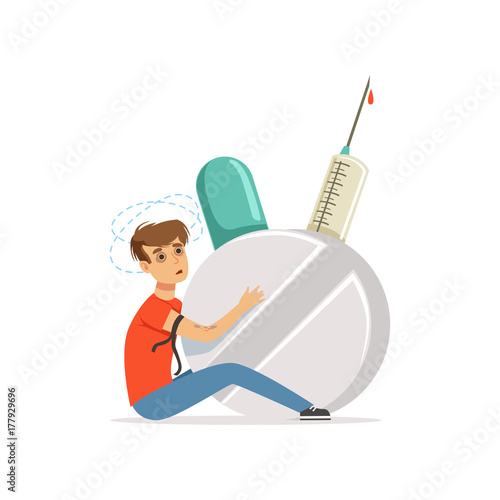 Drug addicted man with giant syringe and pill vector Illustration