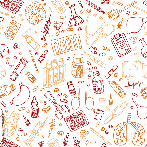medicine doodles seamless vector pattern.