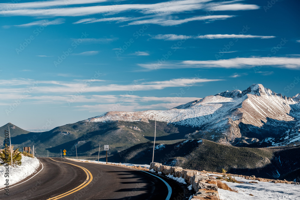 Highway in alpine tundra. Rocky Mountain National Park in Colorado.