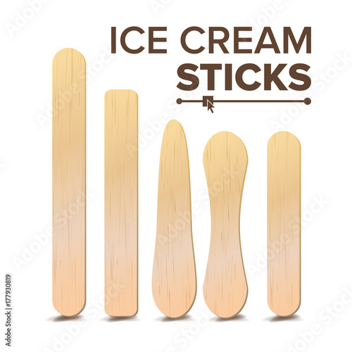 Ice Cream Sticks Set Vector. Different Types. Wooden Stick For Ice cream, Medical Tongue Depressor. Isolated On White Background Illustration