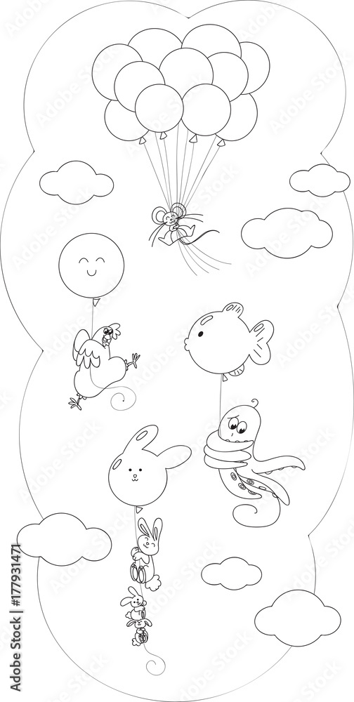 Coloring cartoon animals flying with balloons