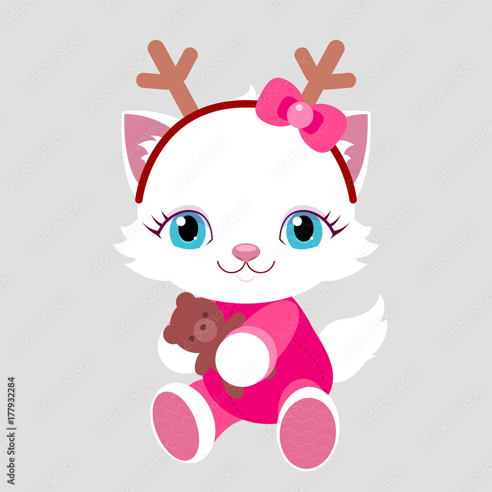 New Year. Cat with gift in Santa Claus costume and horns of deer. Christmas card. New Year. Cat with gift in Santa Claus costume and horns of deer. Christmas card.