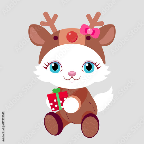 Fototapeta Naklejka Na Ścianę i Meble -  New Year. Cat with gift in a Santa Claus deer costume. Christmas card.