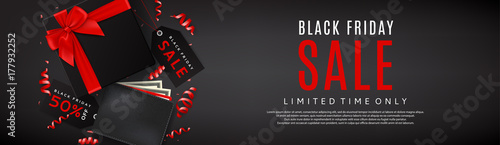 Promo Web Banner for Black Friday Sale. Top view on gift box with satin bow and wallet with money on dark backdrop. Vector illustration with confetti and advertising tags for seasonal offer.