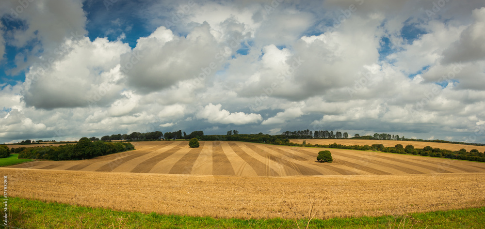 Ploughed field with a beautiful pattern in England under cloudy skies. 