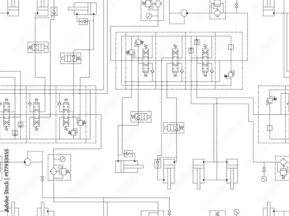 Hydraulic circuit of machine with hydraulic cylinders, distributor, valves and filters. Hydraulic circuit of machine with hydraulic cylinders, distributor, valves and filters.