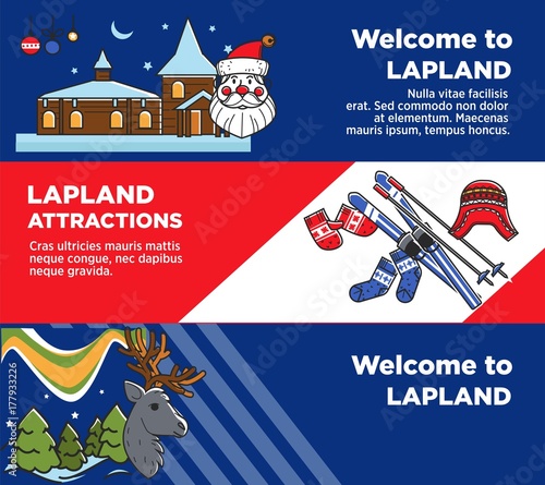 Lapland tourist travel and famous tourist culture symbols attractions vector welcome banners