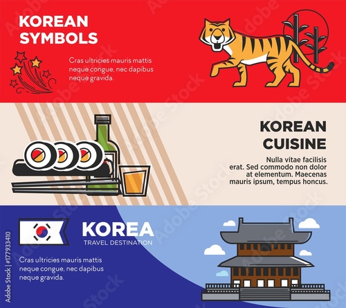 Korea travel famous landmarks and Korean culture traditional tourist attractions vector banners