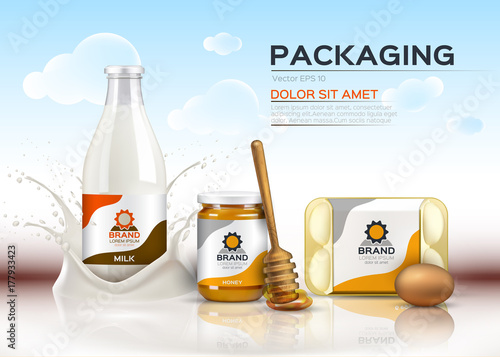 Vector realistic food products Milk and honey bottles, eggs packaging. 3d detailed mock up label designs