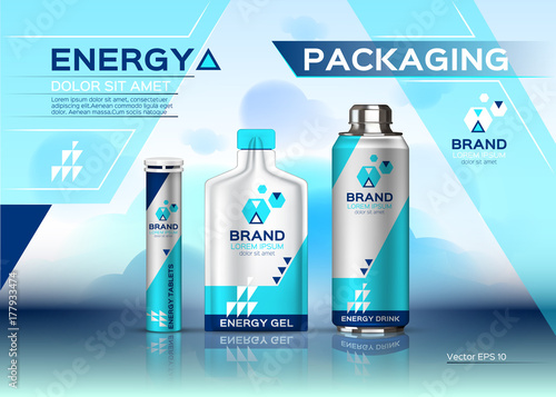 Energy set realistic mock up. Energy Drink, gel and pills product packaging. Vector 3d label designs