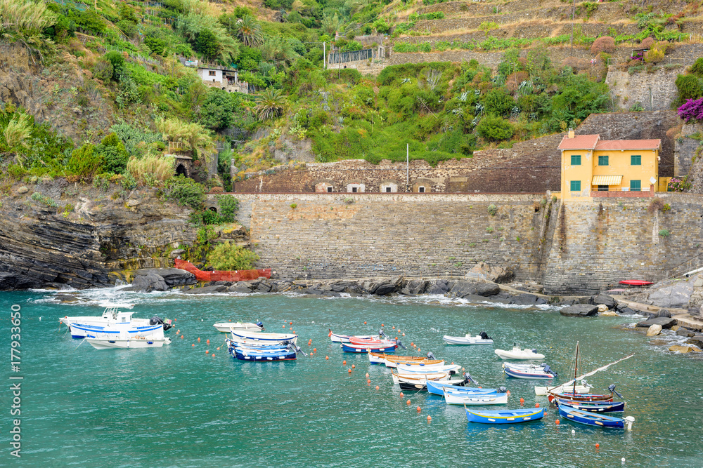 Daylight view to parked boats with boats near rock mountains. Vernazza, Cinque Terre, Italy