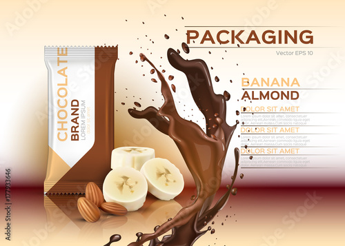 Chocolate with banana and almonds Vector realistic mock up. 3d packaging label design product. Chocolate splash backgrounds