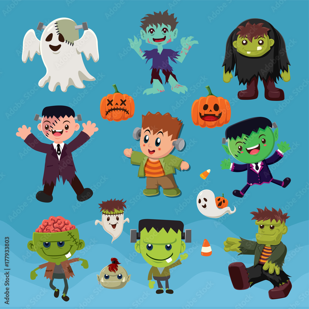 Fototapeta premium Vintage Halloween poster design with vector zombie characters. 