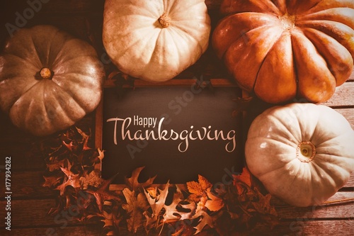Composite image of illustration of happy thanksgiving day text photo
