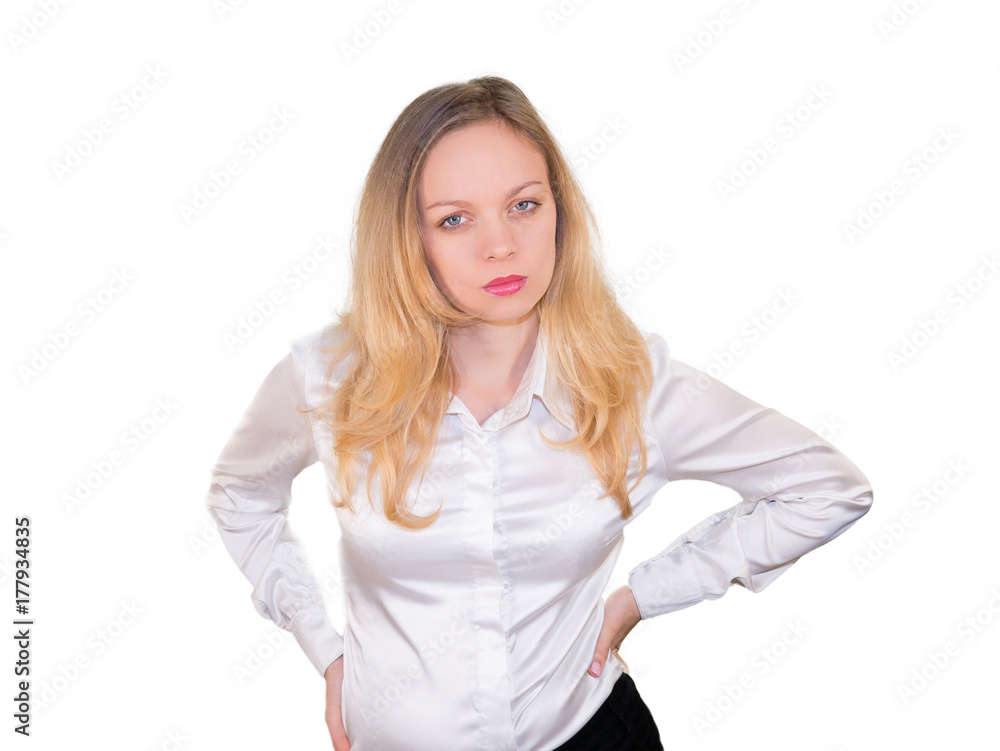 Evil blonde in the style business. Isolated on a white background. Mockup Evil blonde in the style business. Isolated on a white background. Mockup