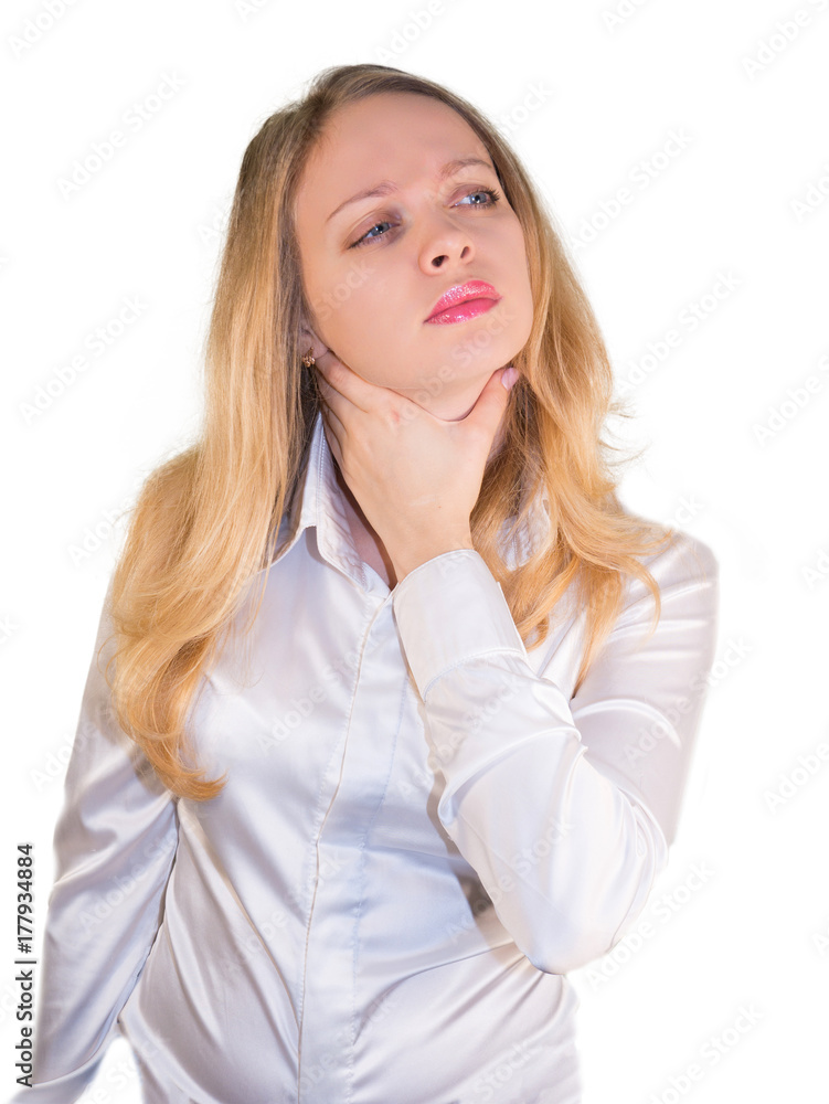 The blonde girl sore neck. Isolated on a white background. Mockup The blonde girl sore neck. Isolated on a white background. Mockup
