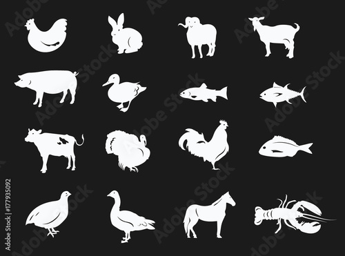 Set of silhouettes of farm animals. Collection of stylized meat animals and fish. Set of black farmer logos.