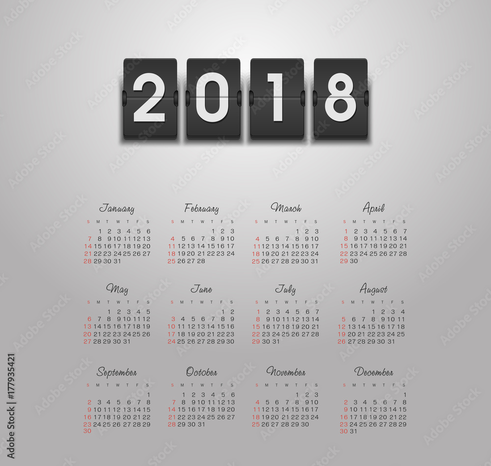 Calendar 2018 year. Week starts from Sunday Calendar 2018 year. Week starts from Sunday
