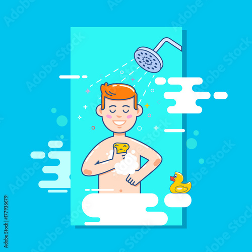 Man washes in the shower in the bathroom.Flat vector illustration.
