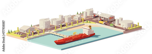 Vector low poly oil depot and oil tanker ship