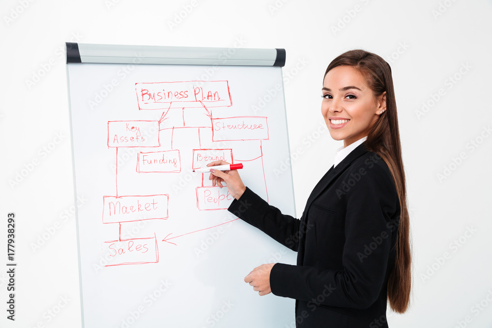 Cheerful pretty businesswoman near business plan. Cheerful pretty businesswoman near business plan.