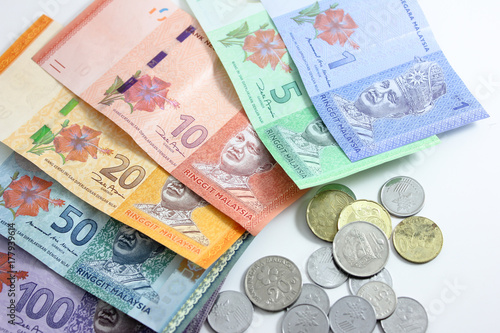 Closeup shot of Ringgit Malaysia banknotes  and coins photo