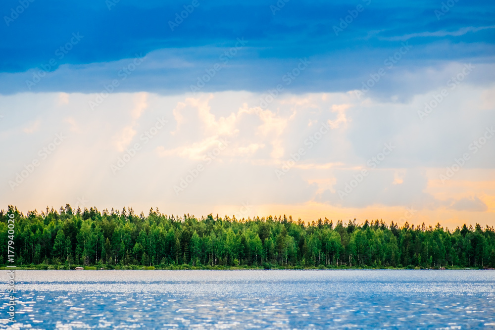 Beautiful view of the lake with green coast Beautiful view of the lake with green coast